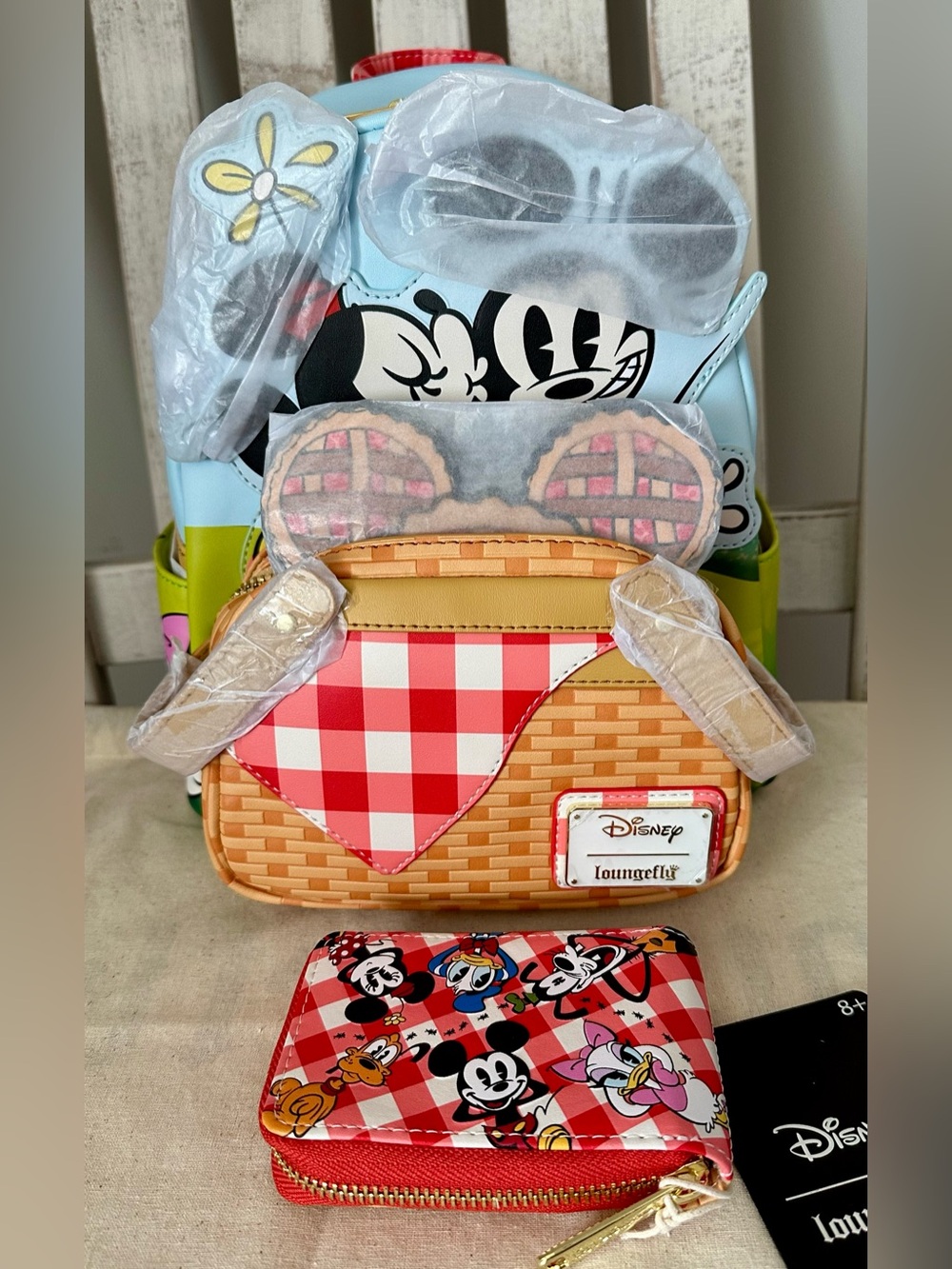 Loungefly Disney Mickey & Friends Picnic Basket Mini BP and w/ Coin Bag & wallet